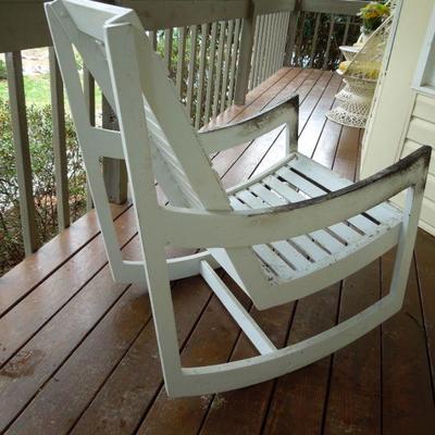 Lot 23: White Wood Slat Rocking Porch Chair with Cushions