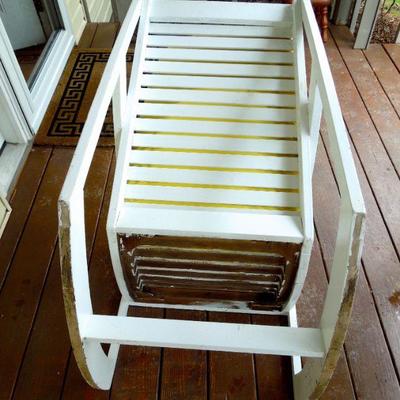 Lot 23: White Wood Slat Rocking Porch Chair with Cushions