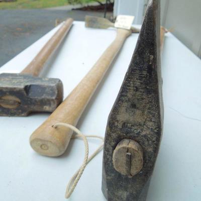 Lot 51: Two Wood Handled Vintage Axes and Sledge Hammer