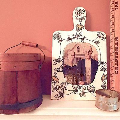 Lot 86: Antique Sap Bucket, Flour Measuring Cup, American Gothic Wall Art