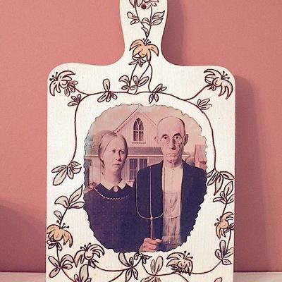 Lot 86: Antique Sap Bucket, Flour Measuring Cup, American Gothic Wall Art