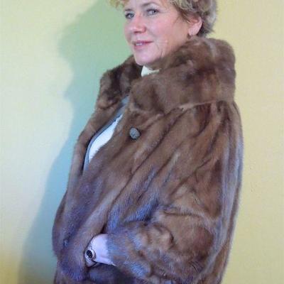 Lot 187: 60's Mink Stole, Hat, Faux Lamb Jacket and Satin Hanging Bag