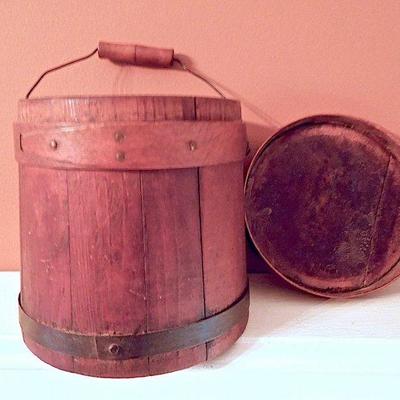 Lot 86: Antique Sap Bucket, Flour Measuring Cup, American Gothic Wall Art