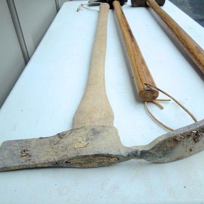 Lot 51: Two Wood Handled Vintage Axes and Sledge Hammer
