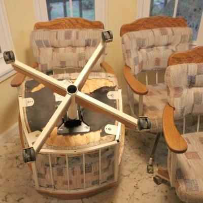Lot 131: Vintage Embossed Wood Octagonal Kitchen Table and Padded Swivel Chairs