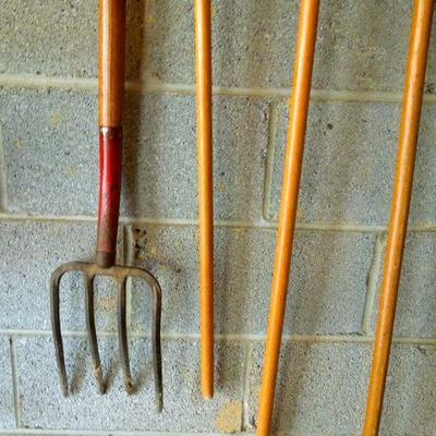 Lot 49: Wall of Quality Wood Handled Garden and Yard Tools
