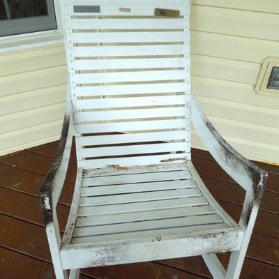 Lot 23: White Wood Slat Rocking Porch Chair with Cushions