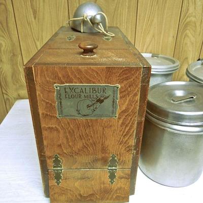 Lot 223: Excalibur Flour Mill in Wood Box with Storage Canisters