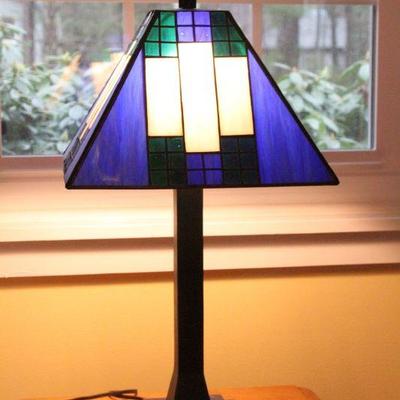 Lot 90: Arts and Crafts Style Lamp, Curtains, Decorative Rods and Porcelain Jar