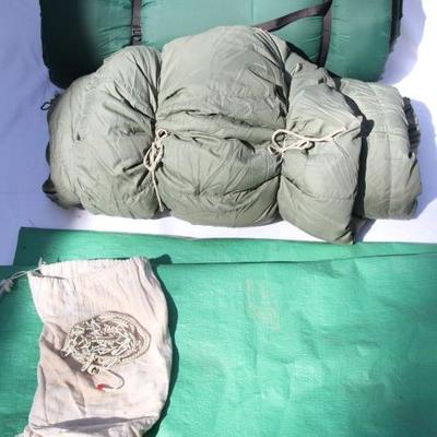 Lot 17: Down Mummy Style Sleeping Bag, Foam Pad and Tarp
