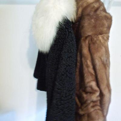 Lot 187: 60's Mink Stole, Hat, Faux Lamb Jacket and Satin Hanging Bag