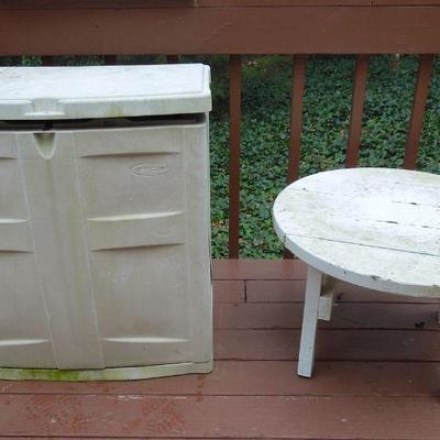 Lot 142: Patio Table, Chairs, Cushions, Storage Bin and Umbrella