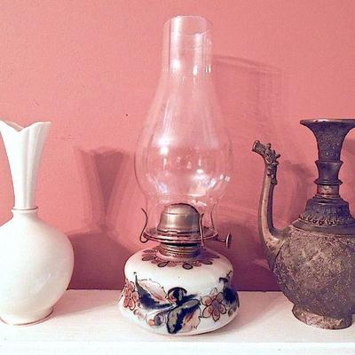 Lot 85: Bronze Decanter, Lenox Porcelain Vase and Hurricane Oil Lamp