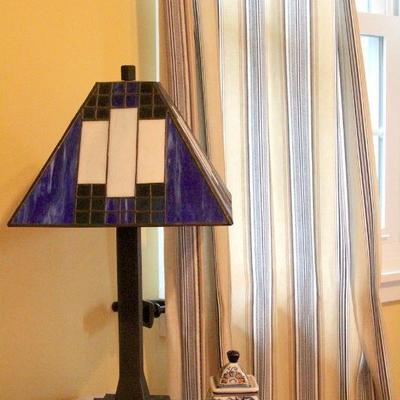 Lot 90: Arts and Crafts Style Lamp, Curtains, Decorative Rods and Porcelain Jar