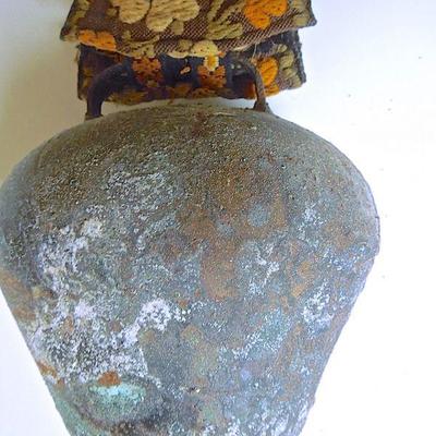Lot 227: Antique Primitive Swiss Cow Bell on Embroidered Pull