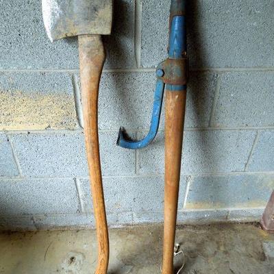 Lot 53: Vintage Wood Handled Ax and Log Roller