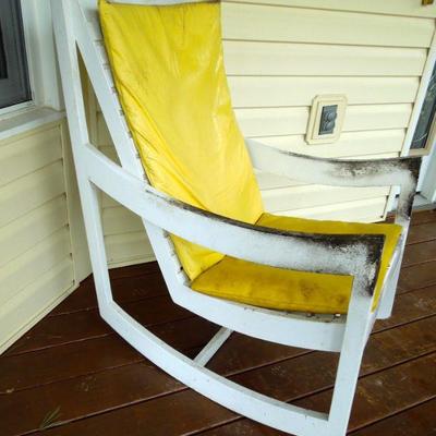 Lot 23: White Wood Slat Rocking Porch Chair with Cushions