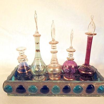 Lot 234: Colorful Glass Perfume Vials with Mosaic Tray