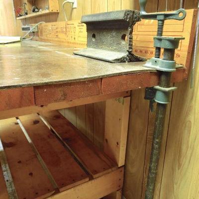 Lot 217: 72" x 34" x 29" Solid Wood Workbench Mounted Vise Grip and Power Outlet
