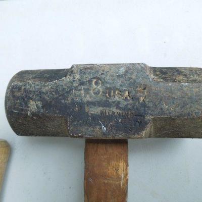 Lot 51: Two Wood Handled Vintage Axes and Sledge Hammer