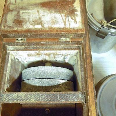 Lot 223: Excalibur Flour Mill in Wood Box with Storage Canisters