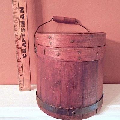 Lot 86: Antique Sap Bucket, Flour Measuring Cup, American Gothic Wall Art