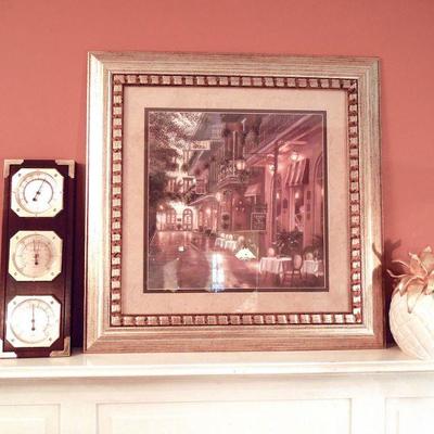 Lot 72: New Orleans Cafe Print, Brass Weather Station and Ceramic Pineapple
