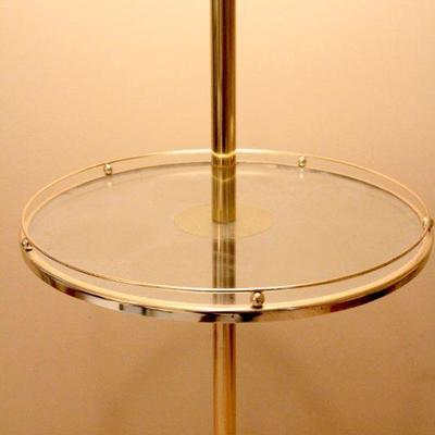 Lot 119: Brass and Glass Shelf Floor Lamp Pleated Shade