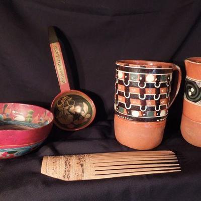 Lot Lot 145: Folk Art Paper Mache Bowl and Ladle and Clay Mugs 