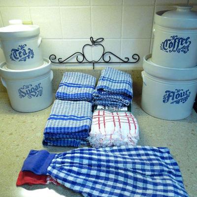 Lot 173a: Vintage Pfaltzgraf Cannister Set, Terry Dish Towels and Rack