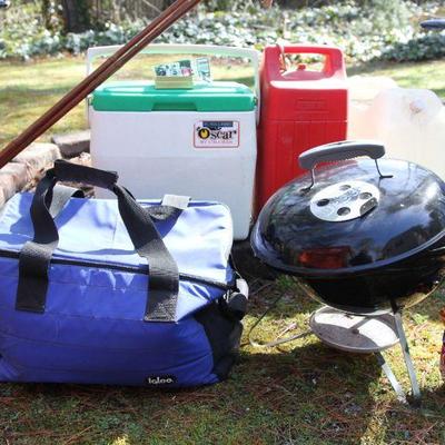 Lot 18: Two Captain Chairs, Cooler, Coleman Lantern, Weber Hibachi Grill et al