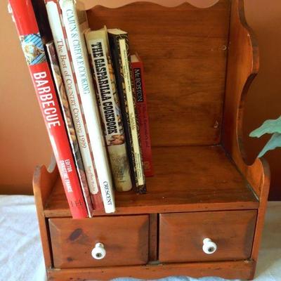 Lot 157: Cook Books, Wall Shelf and Gerber Daisies in Basket