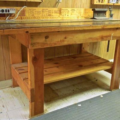 Lot 217: 72" x 34" x 29" Solid Wood Workbench Mounted Vise Grip and Power Outlet