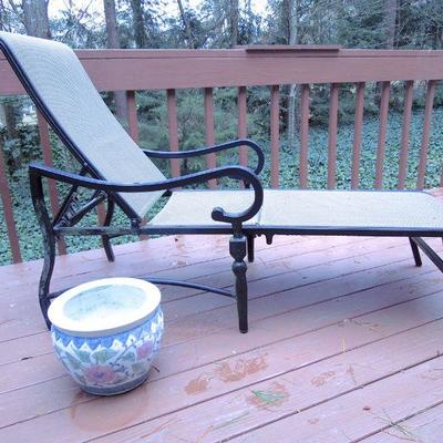 Lot 141: Adjustable Patio Lounge Chair and Asian Planter