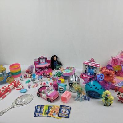 GIrl Toy Lot, Littlest Pet Shop, Pokemon Cards, Slinky, Small Houses, Etc