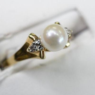 14K Yellow Gold Natural Diamond & Pearl Ring - New