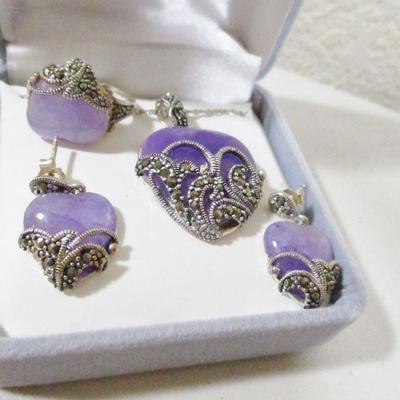 Genuine Sterling Marcasite Lavender 3pc Heart set 925 necklace, earrings, ring