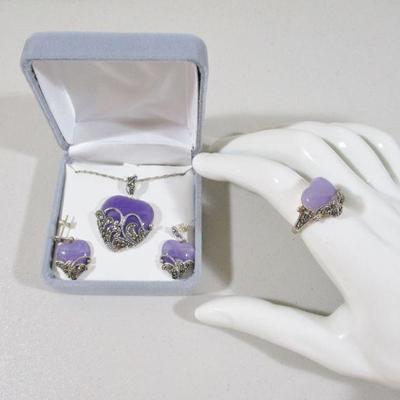 Genuine Sterling Marcasite Lavender 3pc Heart set 925 necklace, earrings, ring