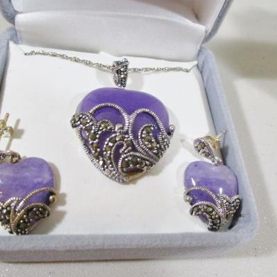 Genuine Sterling Marcasite Lavender 3pc Heart set 925 necklace, earrings, ring