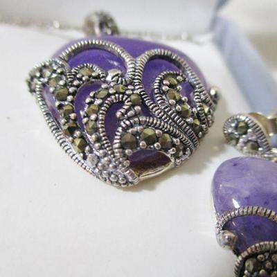 Genuine Sterling Marcasite Lavender 3pc Heart set 925 necklace, earrings, ring