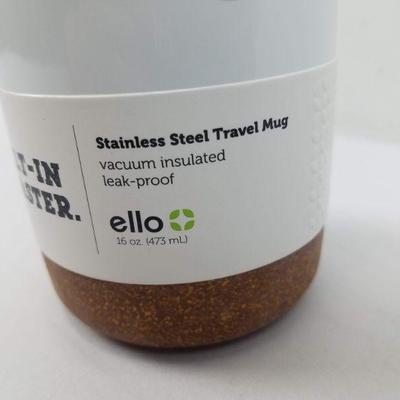 Ello Stainless Steel 16 oz Travel Mug. Vacuum Insulated Built in Coaster - New