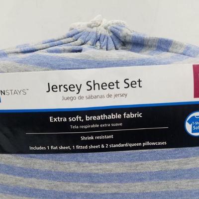 Mainstays Jersey Sheet Set, Size Full, 4 pieces. Blue & Gray Stripes - New