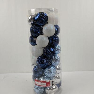 50 Shatterproof Ornaments, Blues, Silver & Sparkle, Pkg Damage - New