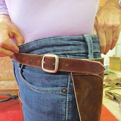 Lot 20: Pair of New Adjustable Waist 34" Inseam Heavy Suede Riding Chaps