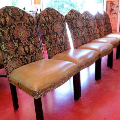 Lot 7:  6 Leather and Upholstery Dining Chairs with Brass Stud Horseshoe Accent