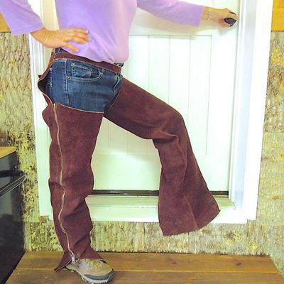 Lot 20: Pair of New Adjustable Waist 34" Inseam Heavy Suede Riding Chaps