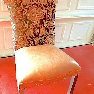 Lot 7:  6 Leather and Upholstery Dining Chairs with Brass Stud Horseshoe Accent