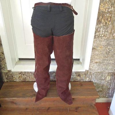 Lot 20: Pair of New Adjustable Waist 34" Inseam Heavy Suede Riding Chaps