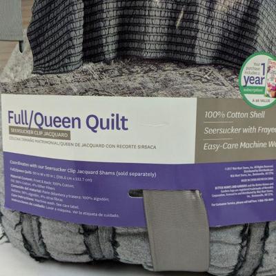 Full/Queen Seersucker Clip Jacquard, Greyish Blue, Quilt -  New