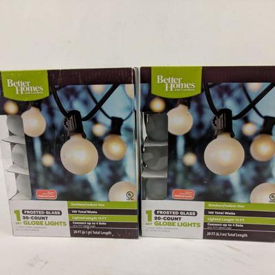 2 Sets Frosted Glass Globe Lights, 20-Count, Lighted Length 19ft, 100W - New